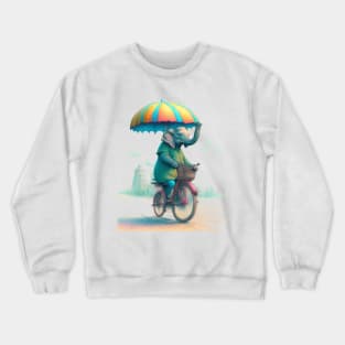 An elephant on a bicycle, holding an umbrella. Crewneck Sweatshirt